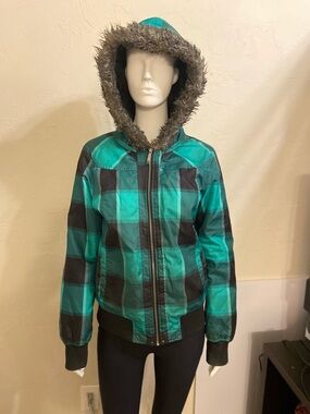 O'Neill Teal and Black Plaid Hooded Ski Jacket with Faux Fur Trim